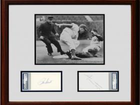 Framed PSA certified photo of Willie Mays sliding into second base, under the tag of Ron Santo